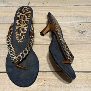 Beverly Feldman Jean Denim Leopard Jeweled Kitten Heel Chain Shoes
